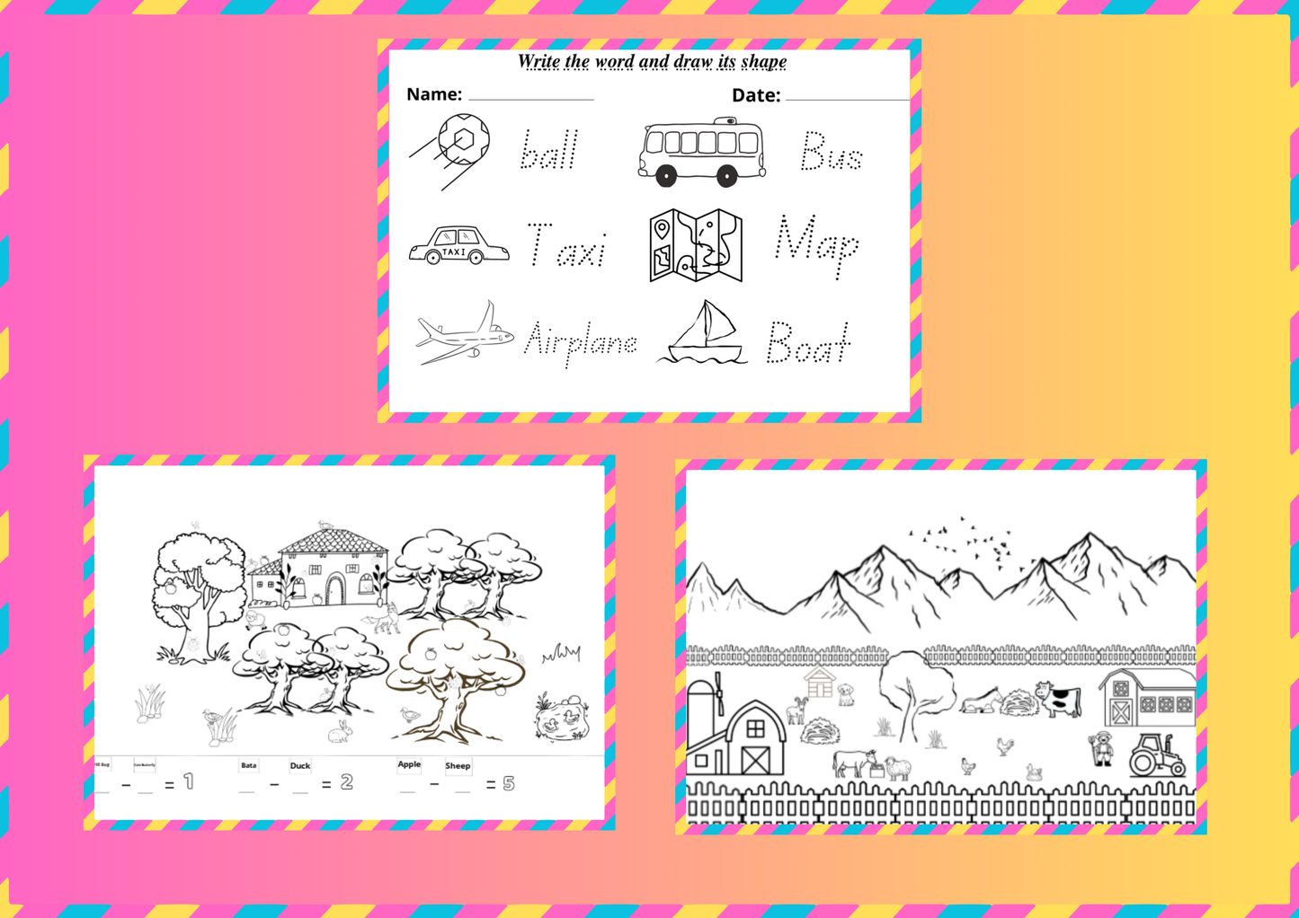Printable Kids Workbook – Coloring, Words, Tracing & Math